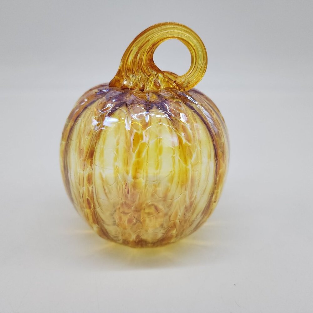 Hand Blown Glass Pumpkin Decor Iridescent Yellow & Orange Autumn Accent